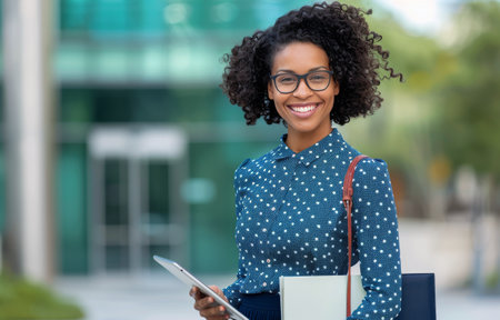 A young woman with curly hair and glasses smiles warmly at the camera, holding a black folder in her right hand. She is wearing a polka dot blouse and standing in front of a blurred background.の素材