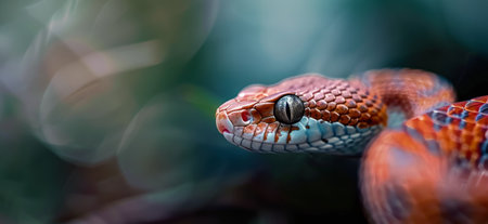A red snake with bright blue eyes sits on a green leaf, its head turned slightly to the side. The snake's scales are visible, and the background is blurred.の素材