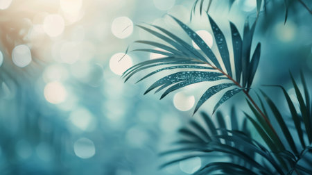 A close-up of a palm leaf against a blurred background of light turquoise and white bokeh.の素材