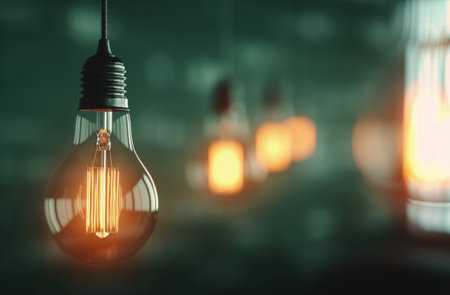 A single light bulb hangs from the ceiling, glowing brightly against a background of out-of-focus lights.の素材