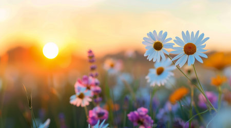 A field of wildflowers bathed in the soft golden light of sunset, with delicate daisies and vibrant yellow blooms taking center stage. The warm glow creates a serene and enchanting atmosphere.の素材