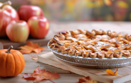 A freshly baked apple pie sits on a wooden cutting board surrounded by fall decor including apples, a pumpkin, and fall leaves.の素材