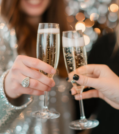 Two hands clink glasses of champagne together, celebrating at a party. The blurry background features a bokeh of lights, creating a festive atmosphere.の素材