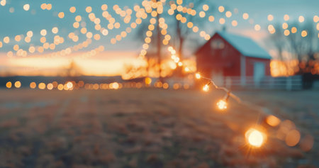 A string of lights hangs in the foreground, glowing warmly against the backdrop of a sunset and a barn in the distance.の素材