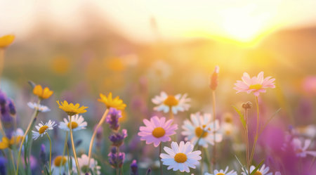 A field of wildflowers bathed in the soft golden light of sunset, with delicate daisies and vibrant yellow blooms taking center stage. The warm glow creates a serene and enchanting atmosphere.の素材