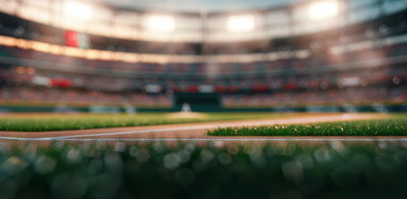 A baseball sits on the infield of a baseball field with the sunset in the background. The grass is green and the infield dirt is orange.の素材