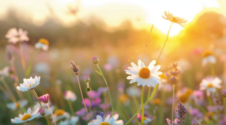 A field of wildflowers bathed in the soft golden light of sunset, with delicate daisies and vibrant yellow blooms taking center stage. The warm glow creates a serene and enchanting atmosphere.の素材
