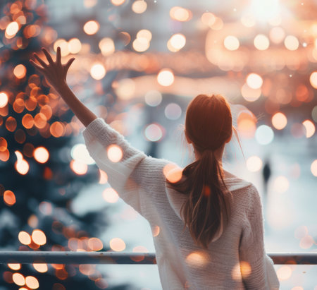 A woman's hand reaches out towards sparkling lights, creating a magical and festive atmosphere. The bokeh effect of the lights creates a dreamy, whimsical ambiance.の素材