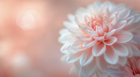 A soft, pink dahlia flower with delicate petals is captured in close-up, showing its intricate details against a blurred background.の素材
