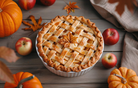 A freshly baked apple pie sits on a wooden cutting board surrounded by fall decor including apples, a pumpkin, and fall leaves.の素材