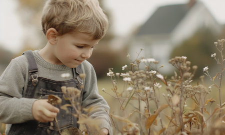 A young boy wearing a hat and overalls stands in a field of wildflowers, holding a small branch and looking intently at the plants. The warm sunlight bathes the scene in a golden glow, creating a serene atmosphere.の素材
