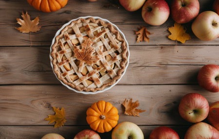 A freshly baked apple pie sits on a wooden cutting board surrounded by fall decor including apples, a pumpkin, and fall leaves.の素材