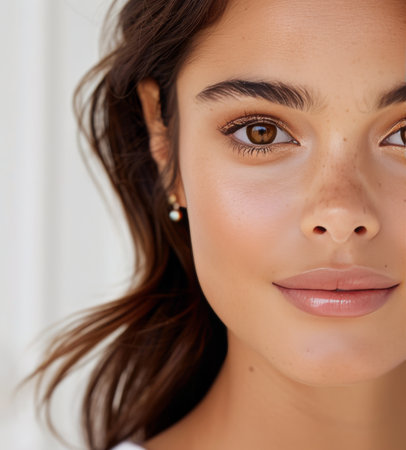 A woman with freckles and light brown hair is looking directly at the camera. Her face is close up and she is wearing golden eyeshadow, eyeliner, and lip gloss.の素材