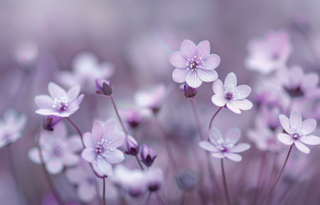 Softly lit purple cosmos flowers bloom in a field.の素材