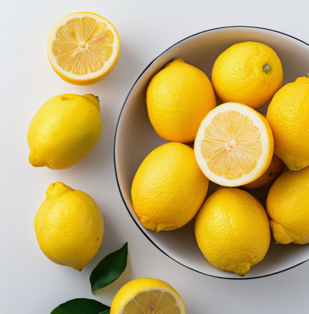 A bowl of lemons sits on a white surface, with several lemons scattered around it. One lemon is cut in half, and a few green leaves are visible in the bottom right corner.の素材