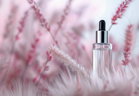 A glass dropper bottle with a silver cap sits in front of a field of white flowers and long grasses. The background is blurred and faded.の素材