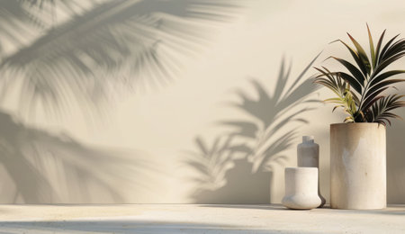 A potted palm plant with lush green fronds stands against a light pink wall, casting a shadow onto the surface. The sunlight creates a warm glow on the wall and illuminates the plant.の素材