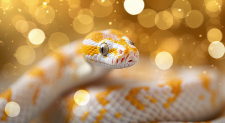 A close-up of an albino python with a blurred background of warm, golden lights. The snake's scales are visible in detail, and its eyes are focused on the viewer.の素材