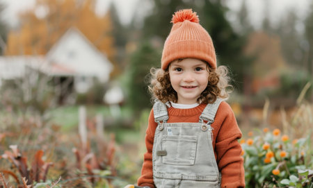 A young girl with curly brown hair and an orange knit hat smiles at the camera. She is wearing a rust-colored sweater and blue denim overalls. The background features a blurred view of a garden and a white house.の素材