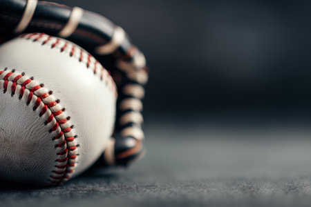 A weathered baseball glove and a worn baseball lie on a textured, dark surface.の素材