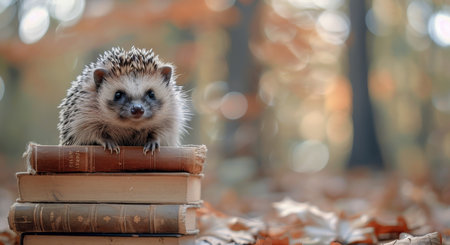 A hedgehog sits on top of a stack of old, leather-bound books in an autumn forest. The animal is looking directly at the camera, and the sun is shining through the trees in the background.の素材
