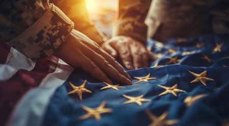 A soldier's hands rest on a folded American flag, their fingers gently touching the fabric. The image is close-up, focusing on the hands and the stars of the flag, creating a powerful and moving moment.の素材