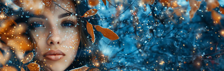 A close-up of a woman's face with snow falling around her, framed by fall leaves.の素材