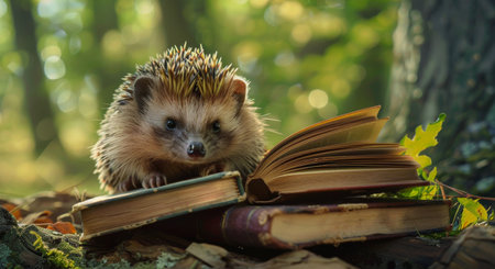 A hedgehog sits on a stack of books in a forest setting. The books are old and worn, suggesting a long history of reading. The hedgehog's curious expression and the idyllic natural backdrop create a sense of peace and wonder.の素材