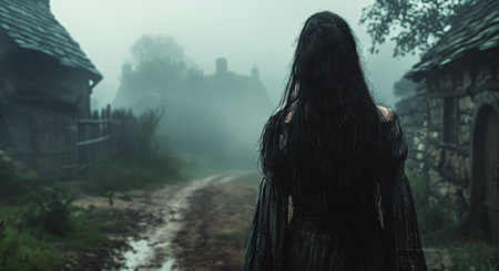 A woman with long, wet hair looks back over her shoulder while standing in a village. The scene is shrouded in fog, with a stone building in the background.の素材