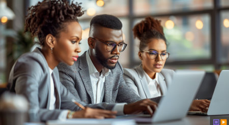 A group of diverse coworkers work on laptops in a modern office setting. They are all smiling and appear to be engaged in their work. There are plants and greenery in the background.の素材