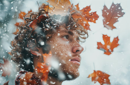 A young man with curly brown hair and freckles looks intently at the camera, surrounded by falling snow and autumn leaves.の素材
