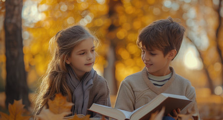 Two children lay on a bed of fallen autumn leaves, reading a book together. The sun shines down on them, casting a warm glow.の素材