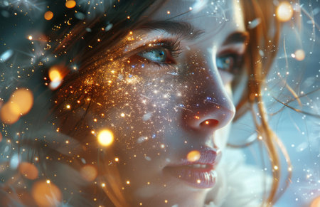 A woman's face is covered in shimmering, golden lights that resemble stars or galaxies. Her blue eyes are looking to the side, and her hair is partially obscured by the light.の素材