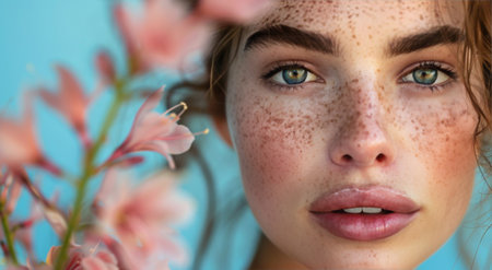 A woman with freckles looks directly at the camera with pink flowers out of focus in the foreground.の素材