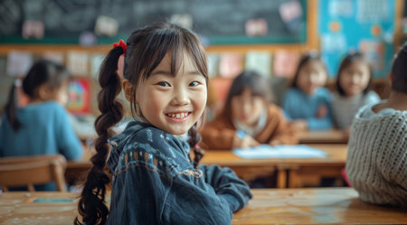 A young girl with braids sits at a desk in a classroom, smiling brightly at the camera. Other children are blurred in the background, working at their desks.の素材