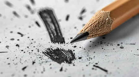 A yellow pencil with a sharpened point is pressed against a piece of white paper. The pencil has just drawn a circle and the tip is leaving a trail of graphite dust.の素材