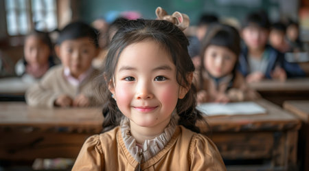 A young girl with braids sits at a desk in a classroom, smiling brightly at the camera. Other children are blurred in the background, working at their desks.の素材