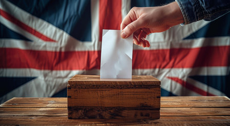 A hand casts a ballot into a wooden box, with a British flag blurred in the background.の素材
