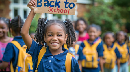 A young girl with a big smile holds up a sign that reads Back to School while standing with a group of other children.の素材