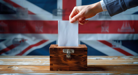 A hand casts a ballot into a wooden box, with a British flag blurred in the background.の素材