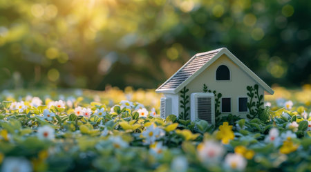 A small, portable fan cooler stands in a field of white daisies, with a house blurred in the background. The sun shines brightly, creating a warm and inviting atmosphere.の素材