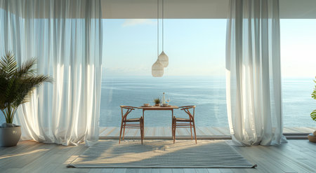 A modern dining room with white curtains framing a view of the ocean. A white table with four chairs sits in the center of the room.の素材