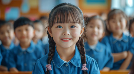 A young girl with braided hair and a blue collared shirt smiles at the camera while sitting in a classroom with other children.の素材