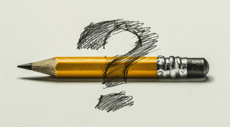 A yellow pencil lies on a white sheet of paper with a question mark sketched in black pencil. There are other pencil markings on the paper, some erased.の素材