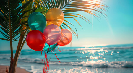 A bunch of colorful balloons are held against a backdrop of a tropical beach with blue water, white sand, and a palm tree. The sun is shining brightly, creating a joyful and celebratory atmosphere.の素材