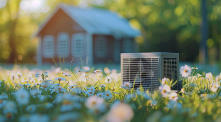 A small, portable fan cooler stands in a field of white daisies, with a house blurred in the background. The sun shines brightly, creating a warm and inviting atmosphere.の素材