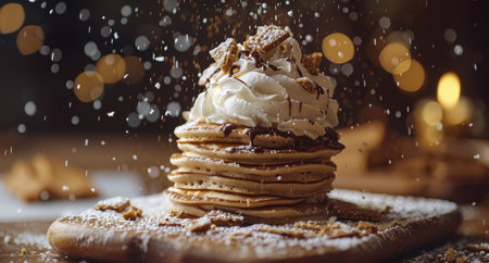 A stack of pancakes topped with whipped cream, chocolate drizzle, and powdered sugar.の素材