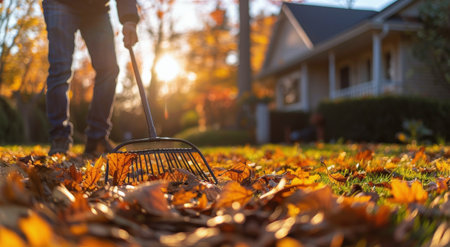 A man in a brown jacket rakes colorful leaves in a sunny yard surrounded by green grass, a wooden fence, and a house in the backgroundの素材