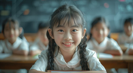 A young girl with pigtails sits at her desk in a classroom, smiling at the camera. She is wearing a white shirt and her classmates are blurred in the background.の素材