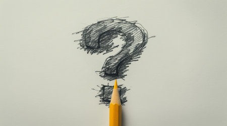 A yellow pencil lies on a white sheet of paper with a question mark sketched in black pencil. There are other pencil markings on the paper, some erased.の素材